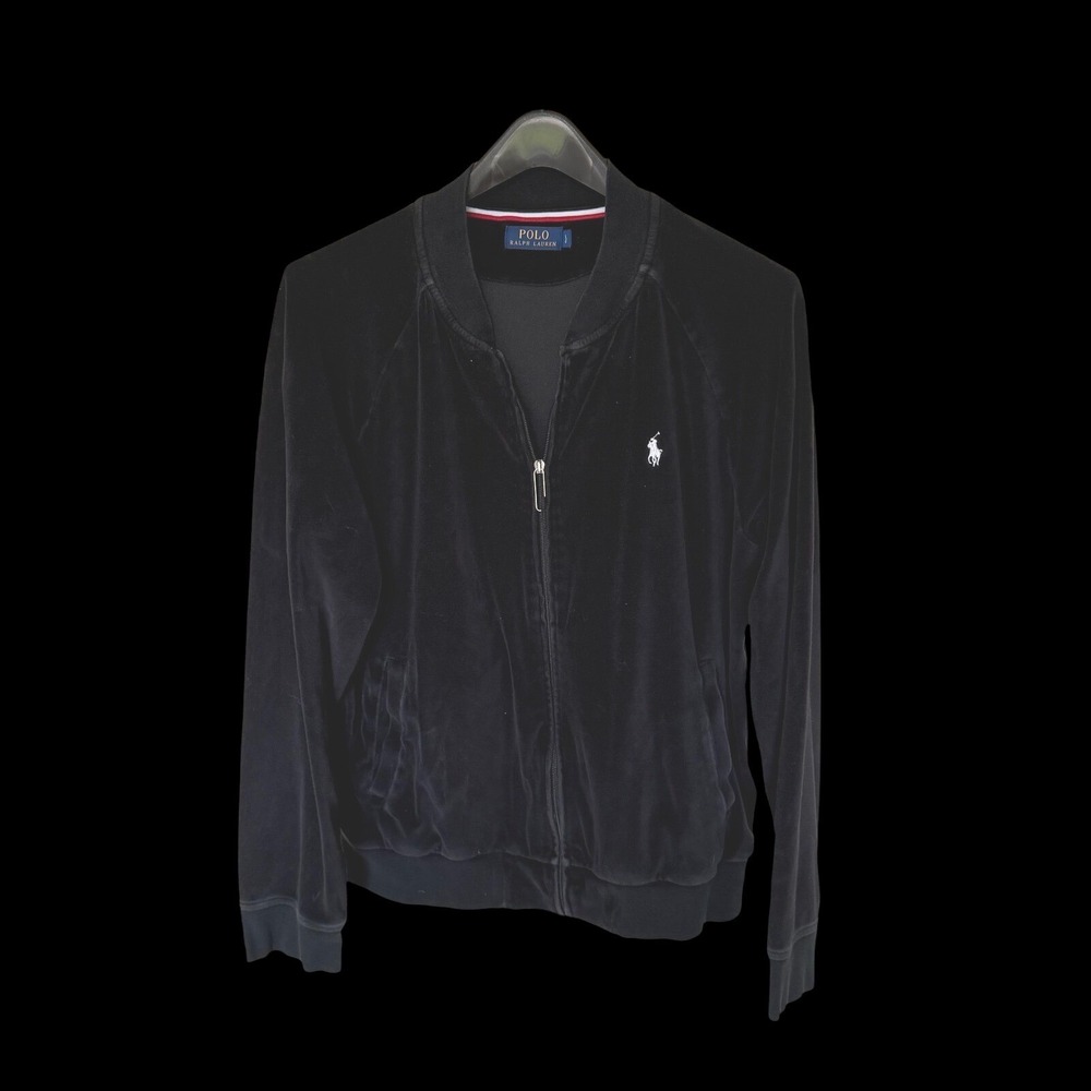 Polo Ralph Lauren Mens Black Velour Full Zip Track Jacket Bomber Pony Logo LG